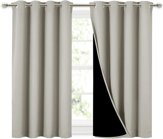 NICETOWN Natural 100% Blackout Curtains 45 inches Long, 2 Thick Layers Completely Blackout Window Treatment Thermal Insulated Lined Drapes for Small Window (1 Pair, 52 inches Width Each Panel)