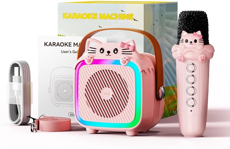 Karaoke Machine with 2 Wireless Microphones for Kids Adults,Portable Bluetooth Speaker Girls Toddlers Toy Gift for Aged 3-12 Year Birthday Parties Christmas Party - Pink