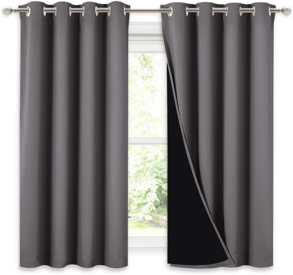 NICETOWN 100% Blackout Curtains with Black Liners, Thermal Insulated Full Blackout 2-Layer Lined Drapes, Noise Cancellation Window Draperies for Dining Room (Grey, 2 Panels, 52-inch W by 54-inch L)