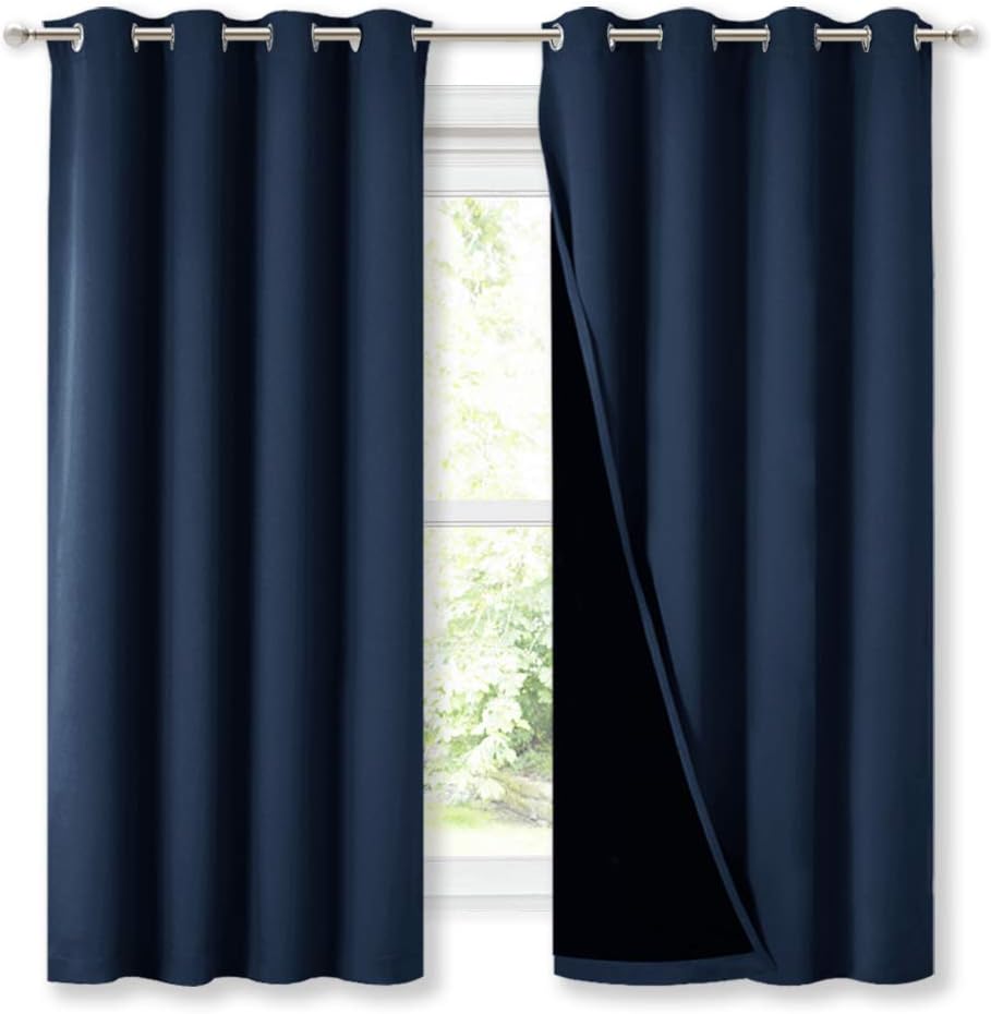 NICETOWN Extra Long Truly Blackout Drapes for Hall and Villa, 46-inch Width Each Panel, 45-inch Length, Navy, 2 Pieces, 100% Blackout Window Curtain Panels with Black Lined for Night Shift Worker