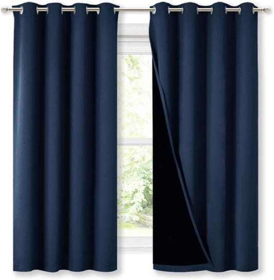 NICETOWN Extra Long Truly Blackout Drapes for Hall and Villa, 46-inch Width Each Panel, 45-inch Length, Navy, 2 Pieces, 100% Blackout Window Curtain Panels with Black Lined for Night Shift Worker