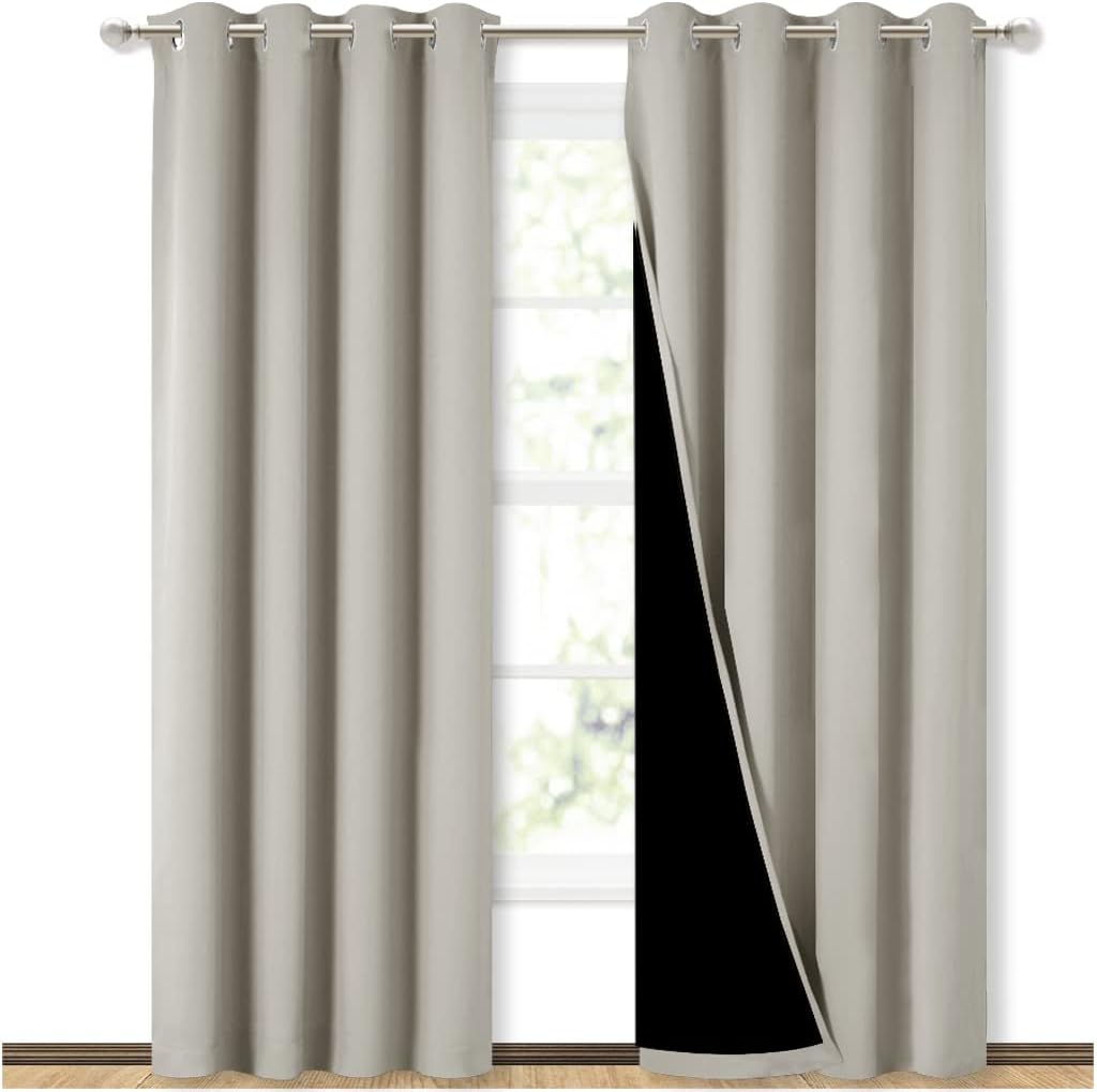 NICETOWN 100% Blackout Window 84in Curtain Panels, Cold and Light Blocking Drapes with Black Liner (Natural, 2 Pieces, 52 “ Wide per Panel)