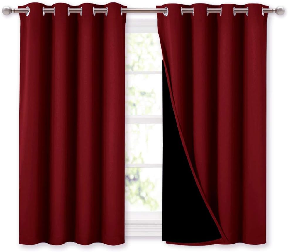 NICETOWN Kitchen Full Blackout Curtain Panels, Super Thick and Soft Insulated Window Covers, 100% Blackout Draperies with Black Backing for Cafe Window (Burgundy Red, Set of 2 PCs, 52 by 45-inch)