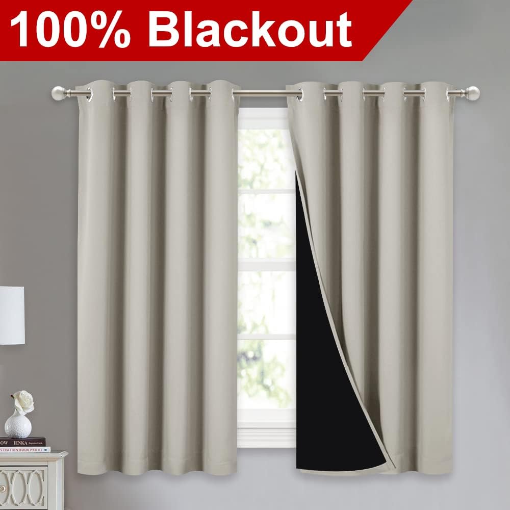 NICETOWN 100% Blackout Curtains 54 inches Long, Double-Deck Completely Blackout Window Treatment Thermal Insulated Lined Drapes for Small Window (Natural, 1 Pair, 52 inches Width Each Panel)