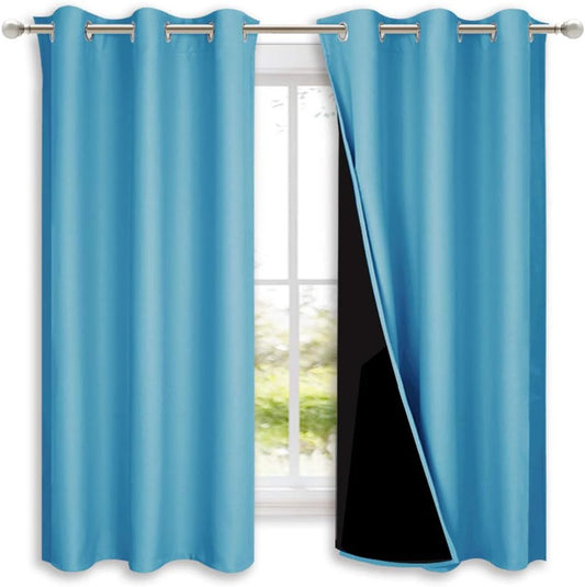 NICETOWN 100% Blackout Short Curtains with Black Liners, 2 Panels, 37" W by 63" L, Teal Blue, Solid Thermal Insulated Full Blackout 2-Layer Lined Drapes, Energy Efficiency Window Draperies for Bedroom