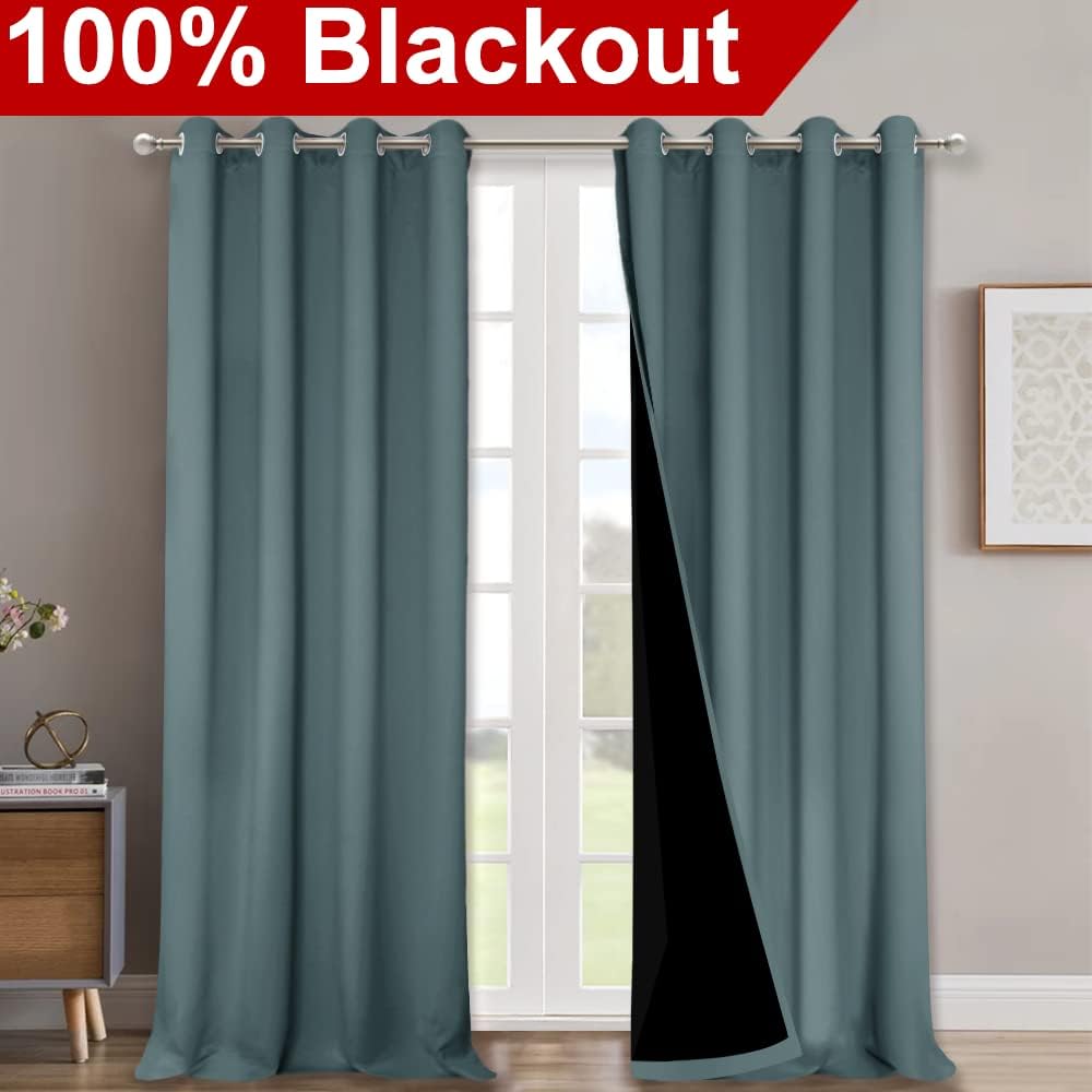 NICETOWN Full Shading Room Warming Curtains for Windows, Super Heavy-Duty Black Lined Blackout Curtains for Bedroom, Privacy Assured Window Treatment (Aqua, Pack of 2, 52 inches W x 95 inches L)