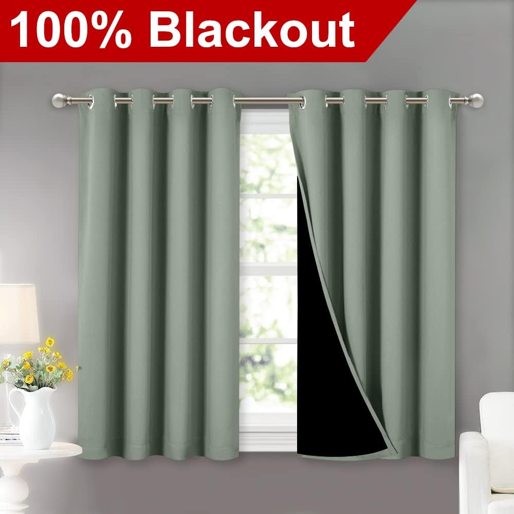 NICETOWN Greyish Green 100% Blackout Curtains 45 inches Long, 2 Thick Layers Completely Blackout Window Treatment Thermal Insulated Lined Drapes for Small Window (1 Pair, 52 inches Width Each Panel)