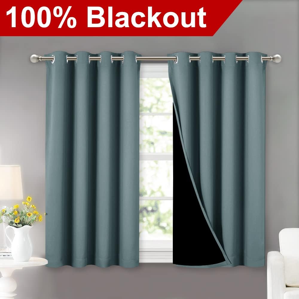 NICETOWN Aqua 100% Blackout Curtains 45 inches Long, 2 Thick Layers Completely Blackout Window Treatment Thermal Insulated Lined Drapes for Small Window (1 Pair, 52 inches Width Each Panel)