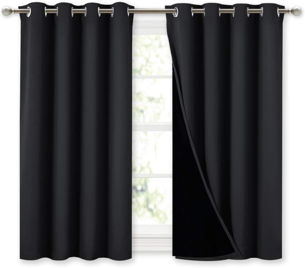 NICETOWN 100% Blackout Curtains 45 inches Length, 2 Thick Layers Completely Blackout Window Treatment Thermal Insulated Lined Drapes for Basement Window (Black, 1 Pair, 52 inches Width Each Panel)