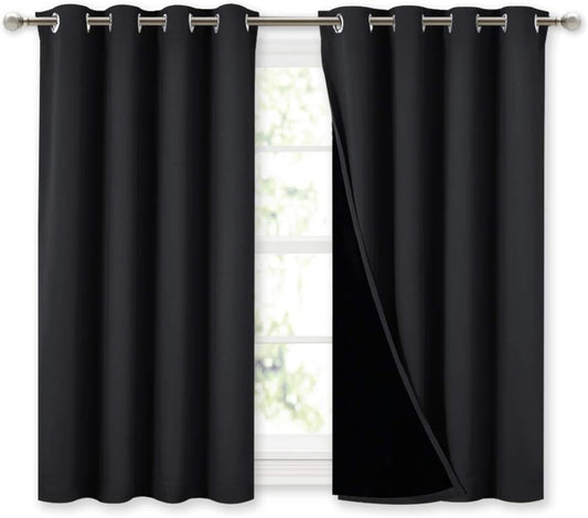 NICETOWN 100% Blackout Curtains 45 inches Length, 2 Thick Layers Completely Blackout Window Treatment Thermal Insulated Lined Drapes for Basement Window (Black, 1 Pair, 52 inches Width Each Panel)