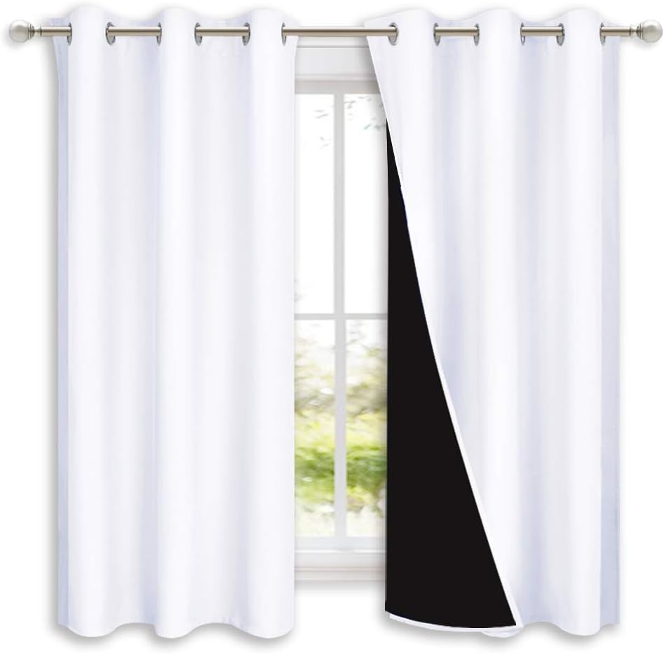 NICETOWN Pure White 100% Blackout Lined Curtains, 2 Thick Layers Completely Blackout Window Treatment Panels Thermal Insulated Drapes for Kitchen (1 Pair, 42-inch Width x 63-inch Length Each Panel)