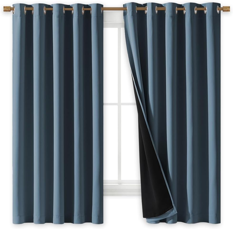 NICETOWN 100% Blackout Lined Curtains, Smoky Blue, 1 Pair, 62" Width x 63" Length Each Panel, 2 Thick Layers Completely Blackout Window Treatment Thermal Insulated Drapes for Kitchen/Bedroom