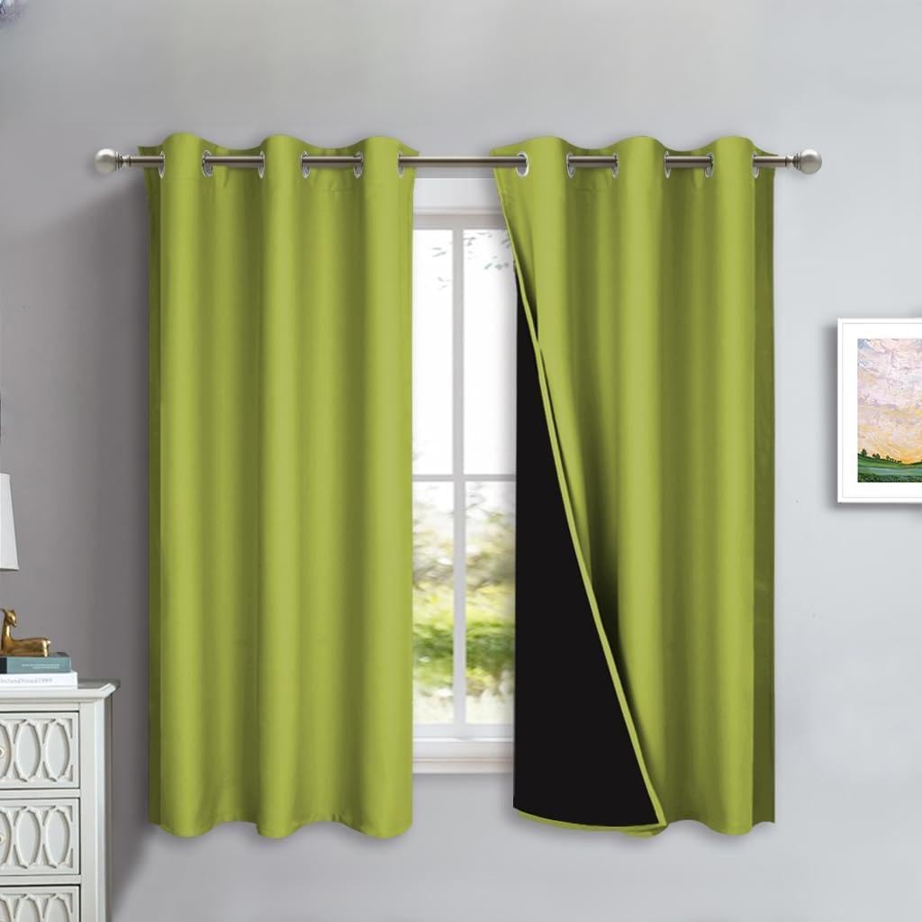 NICETOWN 100% Blackout Lined Curtains, Fresh Green, 1 Pair, 42" Width x 63" Length Each Panel, 2 Thick Layers Completely Blackout Window Treatment Panels Thermal Insulated Drapes for Kitchen