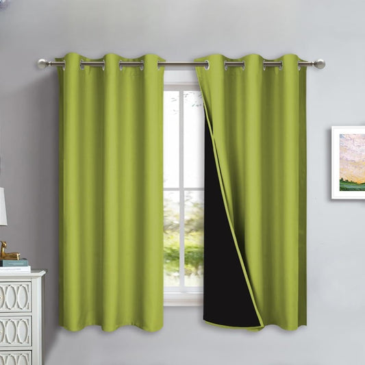 NICETOWN 100% Blackout Lined Curtains, Fresh Green, 1 Pair, 42" Width x 63" Length Each Panel, 2 Thick Layers Completely Blackout Window Treatment Panels Thermal Insulated Drapes for Kitchen