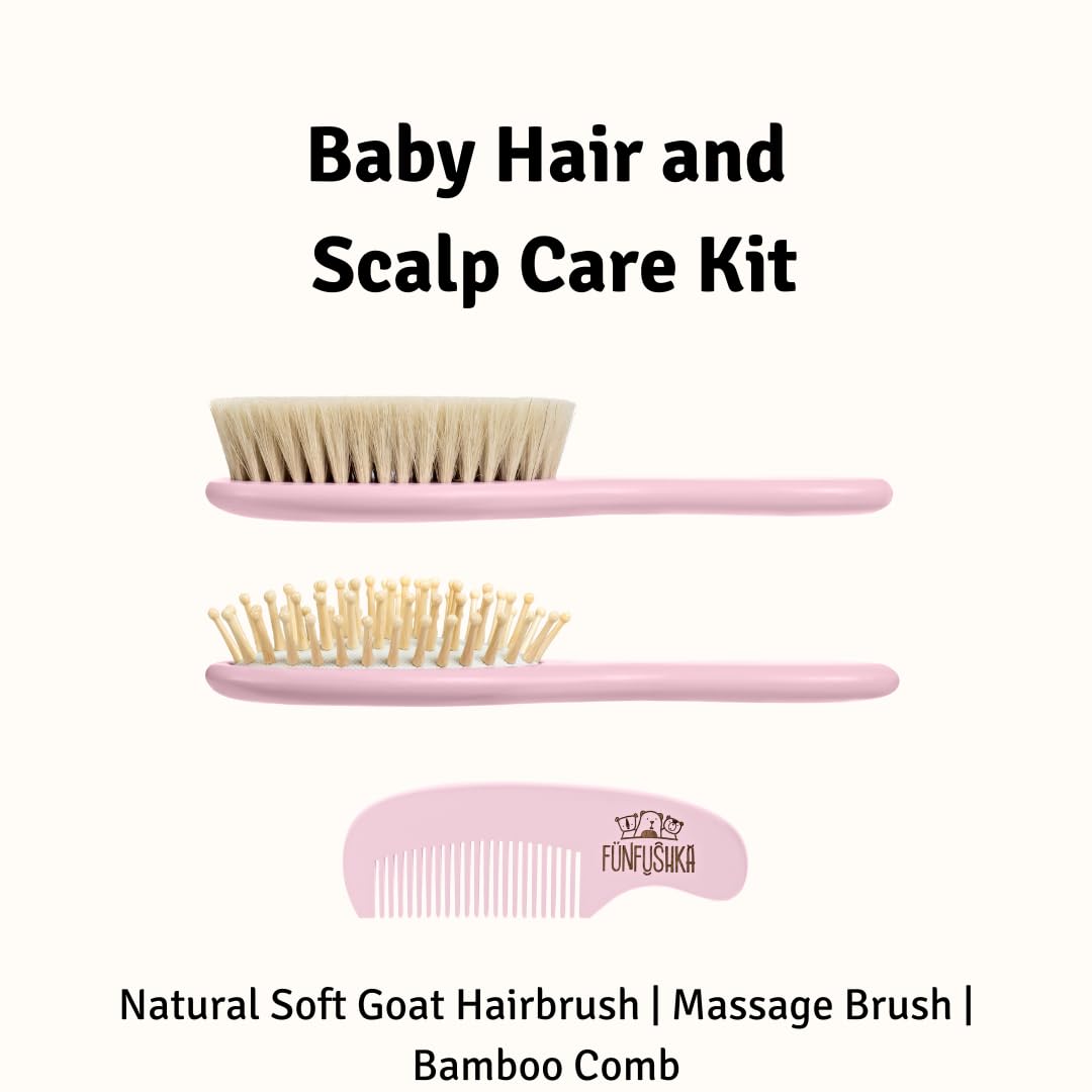 Baby Hair Brush Set for Newborns - Baby Brush and Comb Set - Ultra Soft Goat Hair Bristles, Perfect for Cradle Cap, Newborn Showers & Registries Gift, Comb Brush for Girls & Boys (Rosa)