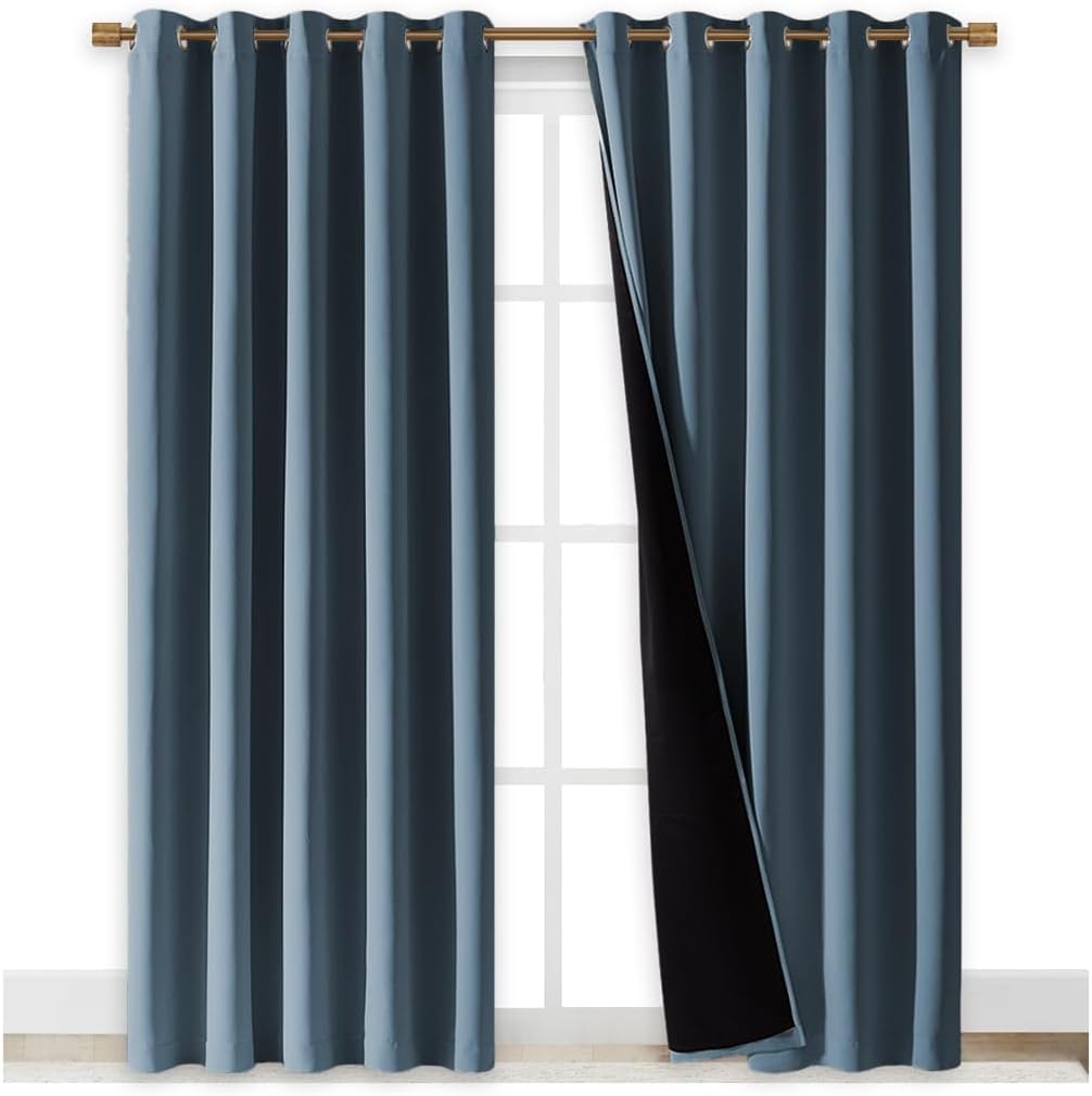 NICETOWN 100% Blackout Window Curtain Panels, Smoky Blue, 2 Pieces, 70" Wide Each Panel, Cold and Full Light Blocking Drapes with Black Liner for Nursery, 84" Drop Thermal Insulated Draperies