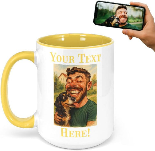 Personalized Coffee Mug, Custom Photo Caricature Gift, Funny Customized Coffee Gift for Men & Women, Custom Mugs with Pictures, Yellow 15oz Customized Ceramic Tea Cup