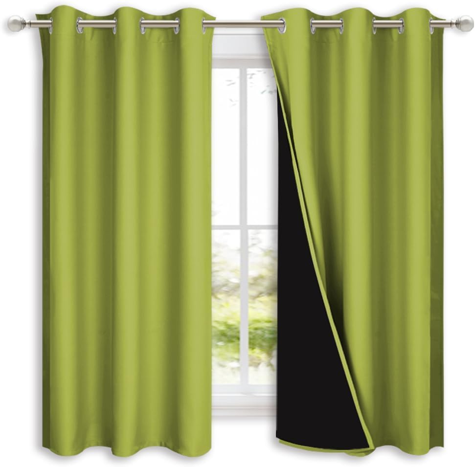 NICETOWN 100% Blackout Lined Curtains, Fresh Green, 1 Pair, 42" Width x 63" Length Each Panel, 2 Thick Layers Completely Blackout Window Treatment Panels Thermal Insulated Drapes for Kitchen