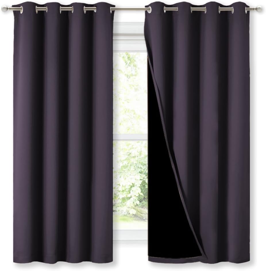 NICETOWN 100% Blackout Curtains 54" Long, Greyish Purple, 1 Pair, 52" Width Each Panel, Double-Deck Completely Blackout Window Treatment Thermal Insulated Lined Drapes for Small Window