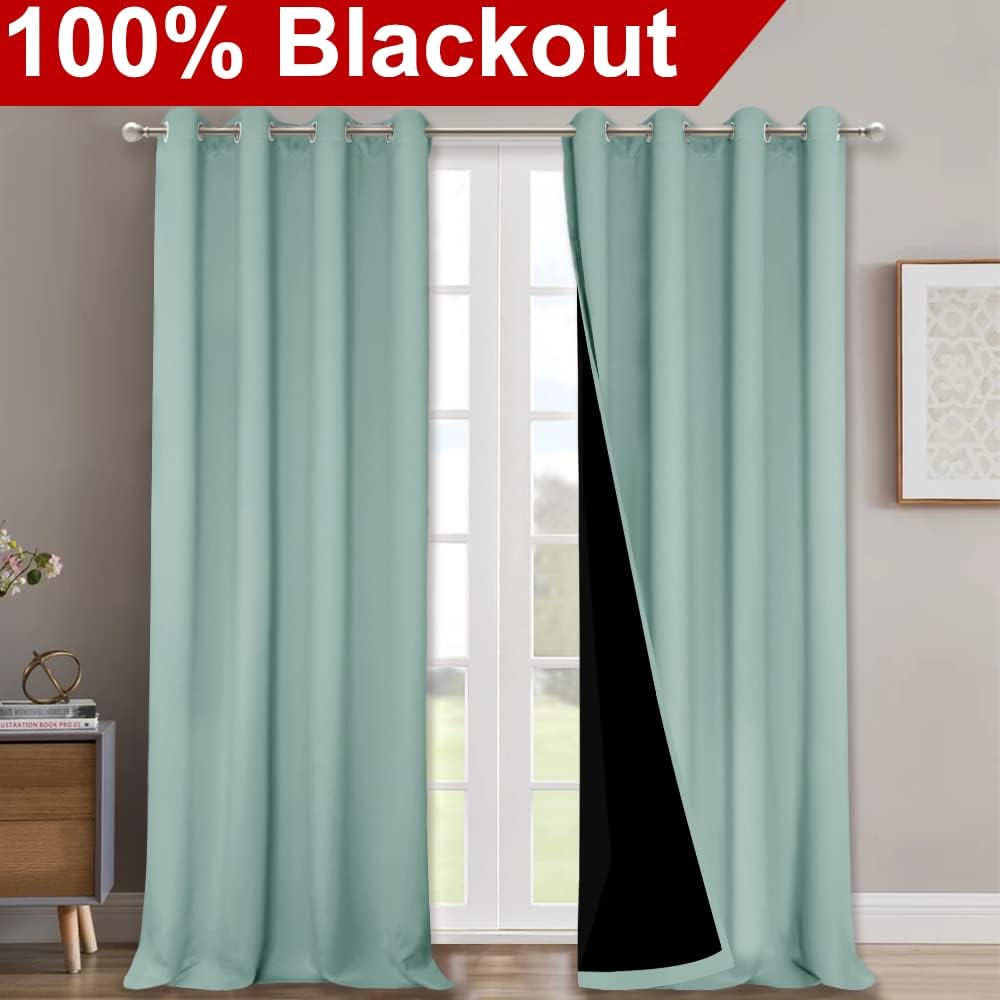 NICETOWN Aqua Blue 100% Blackout Curtains for Windows, Super Heavy-Duty Black Lined Total Darkness Drapes for Bedroom, Privacy Assured Window Treatment for Patio (2 PCs, 52 inches W x 108 inches L)
