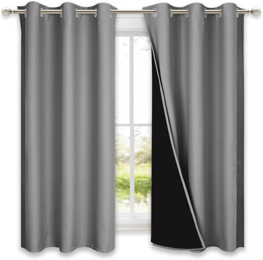 NICETOWN 100% Blackout Curtains with Black Liners, Solid Thermal Insulated Full Blackout 2-Layer Lined Drapes, Energy Efficiency Window Draperies for Bedroom (2 Panels, 42" W by 63" L, Silver Grey)