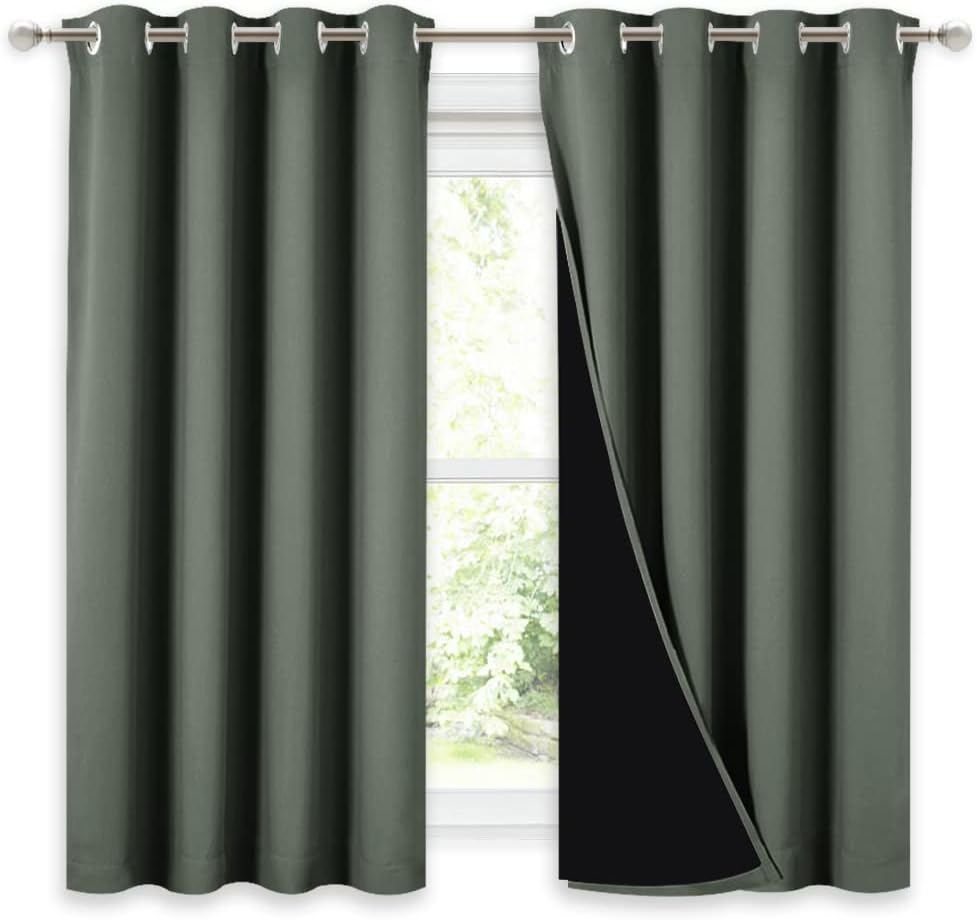 NICETOWN 100% Blackout Curtains 54 inches Long, Double-Deck Completely Blackout Window Treatment Thermal Insulated Lined Drapes for Small Window (Dark Mallard, 1 Pair, 52 inches Width Each Panel)