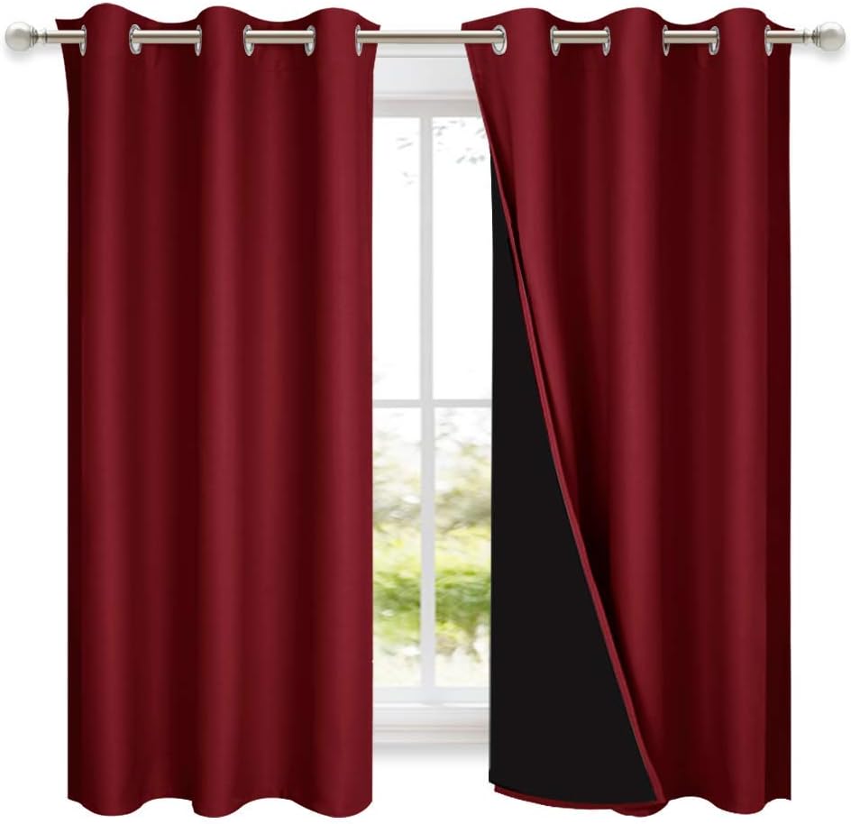 NICETOWN 100% Blackout Curtains 54 inches Long, Burgundy Red, 1 Pair, 42 inches Width Each Panel, Double-Deck Completely Blackout Window Treatment Thermal Insulated Lined Drapes for Small Window