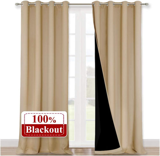 NICETOWN Thermal Insulated 100% Blackout Curtains, Biscotti Beige, 1 Pair, 52 inches x 102 inches, Sound Proof Drapes with Black Backing, Full Light Blocking Panels for Patio Sliding Door