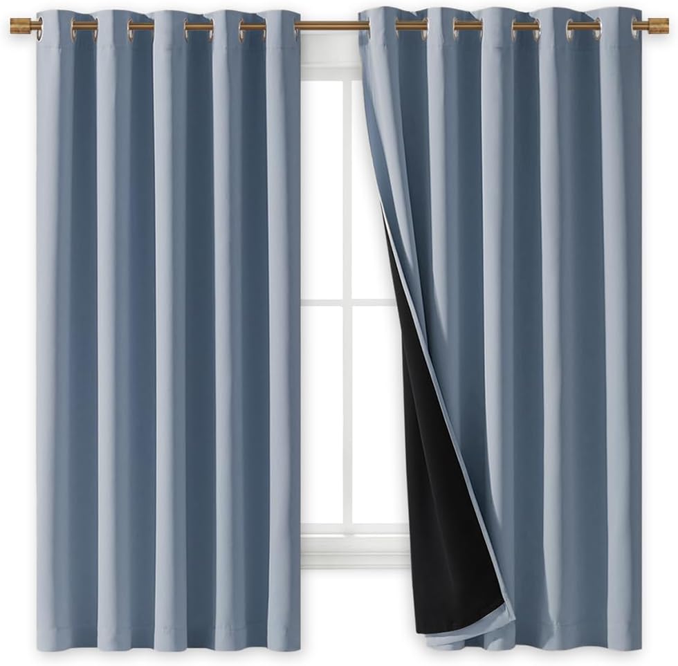 NICETOWN 100% Blackout Lined Curtains, Vintage Blue, 1 Pair, 70" Width x 63" Length Each Panel, 2 Thick Layers Completely Blackout Window Treatment Thermal Insulated Drapes for Kitchen/Bedroom