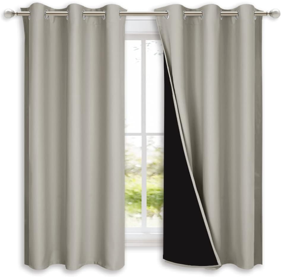 NICETOWN Natural 100% Blackout Lined Curtains, 2 Thick Layers Completely Blackout Window Treatment Panels Thermal Insulated Drapes for Kitchen (1 Pair, 42" Width x 63" Length Each Panel)