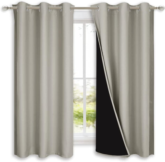 NICETOWN Natural 100% Blackout Lined Curtains, 2 Thick Layers Completely Blackout Window Treatment Panels Thermal Insulated Drapes for Kitchen (1 Pair, 42" Width x 63" Length Each Panel)