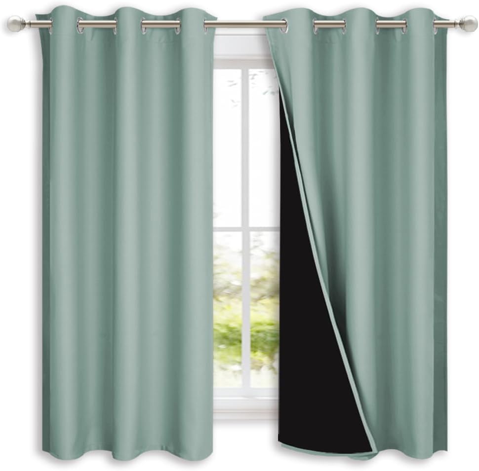 NICETOWN 100% Blackout Lined Curtains, Seafoam Green, 1 Pair, 42" Width x 63" Length Each Panel, 2 Thick Layers Completely Blackout Window Treatment Panels Thermal Insulated Drapes for Kitchen