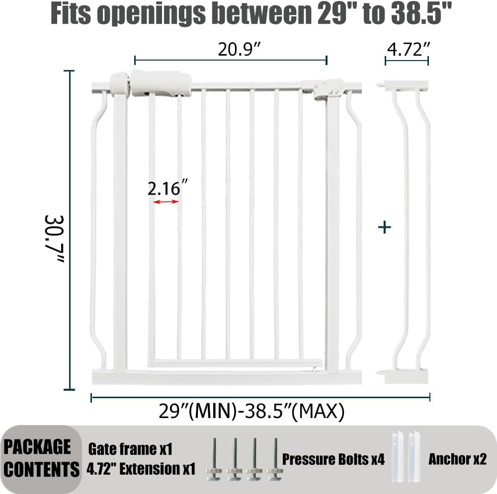 Auto Close Baby & Dog Gate 34-38.5 Inch, Tension Safety Gate Indoor, White Metal, Walk-Through Child Gate for Kids & Pets