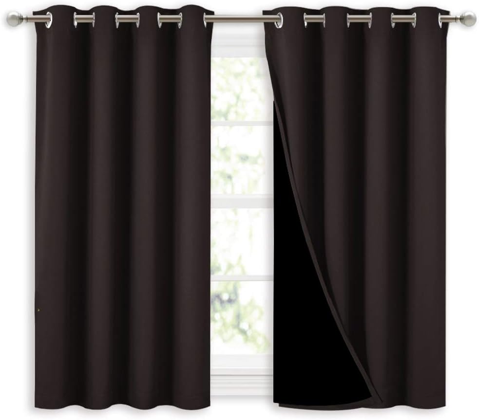 NICETOWN 100% Blackout Curtains 45 inches Length, 2 Thick Layers Completely Blackout Window Treatment Thermal Insulated Lined Drapes for Basement Window (Brown, 1 Pair, 52 inches Width Each Panel)