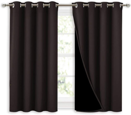 NICETOWN 100% Blackout Curtains 45 inches Length, 2 Thick Layers Completely Blackout Window Treatment Thermal Insulated Lined Drapes for Basement Window (Brown, 1 Pair, 52 inches Width Each Panel)