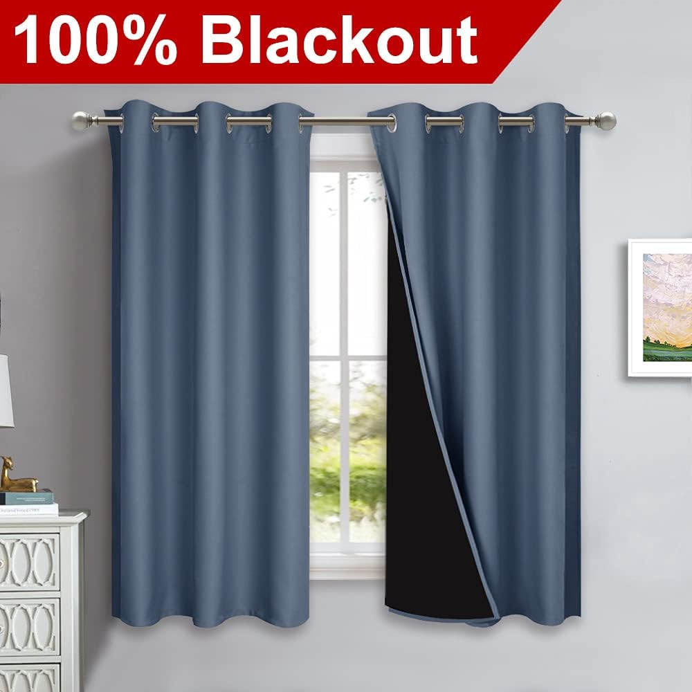 NICETOWN 100% Blackout Window Curtain Panels, Stone Blue, 2 Pieces, 37" Wide Each Panel, Heat and Full Light Blocking Drapes with Black Liner for Nursery, 50" Drop Thermal Insulated Draperies