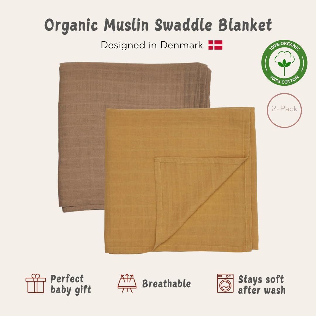 Swaddle - 100% Organic Cotton - Muslin Swaddle Blankets for Newborn, 47" x 47" 2-Pack (Autumn Yellow/Natural)