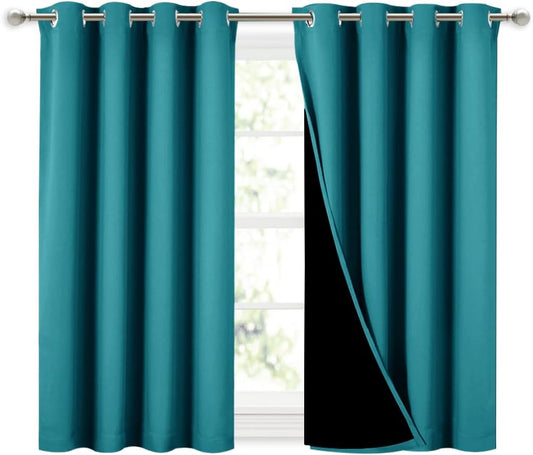 NICETOWN Peacock Teal 100% Blackout Curtains 45 inches Long, 2 Thick Layers Completely Blackout Window Treatment Thermal Insulated Lined Drapes for Small Window (1 Pair, 52 inches Width Each Panel)