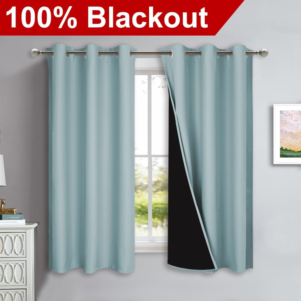 NICETOWN 100% Blackout Lined Curtains, Sky Blue, 1 Pair, 42" Width x 63" Length Each Panel, 2 Thick Layers Completely Blackout Window Treatment Panels Thermal Insulated Drapes for Kitchen