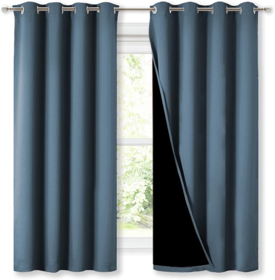 NICETOWN 100% Blackout Curtains 45" Long, Smoky Blue, 1 Pair, 52" Width Each Panel, 2 Thick Layers Completely Blackout Window Treatment Thermal Insulated Lined Drapes for Small Window