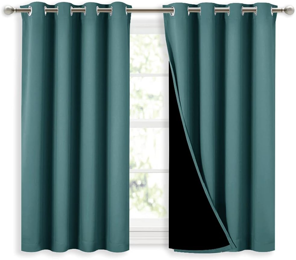 NICETOWN Small 100% Blackout Curtains with Black Liners, Thermal Insulated 2-Layer Lined Drapes, Energy Efficiency Window Draperies for Dining Room (Sea Teal, 2 Panels, 52-inch W by 45-inch L)