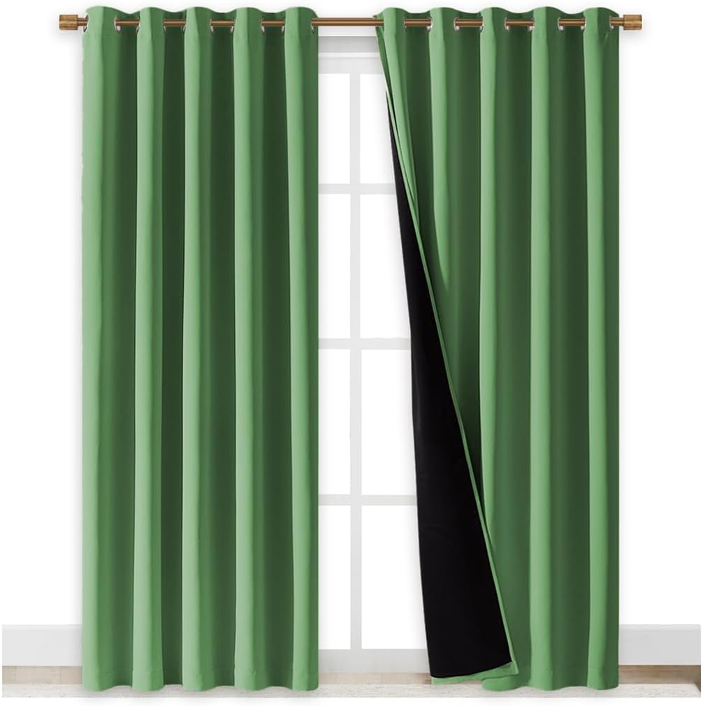 NICETOWN 100% Blackout Window Curtain Panels, Forest Green, 2 PCs, 62" Wide Each Panel, Cold and Full Light Blocking Drapes with Black Liner for Nursery, 84 inches Drop Thermal Insulated Draperies