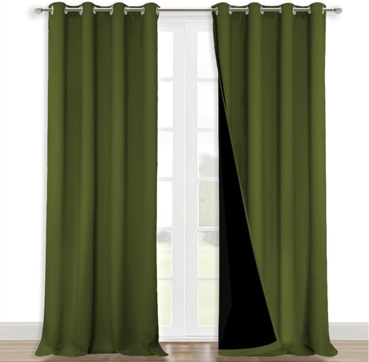 NICETOWN 100% Blackout Curtains for Windows, Pack of 2, 52" W x 108" L, Olive Green, Super Heavy-Duty Black Lined Total Darkness Drapes for Bedroom, Privacy Assured Window Treatment for Patio