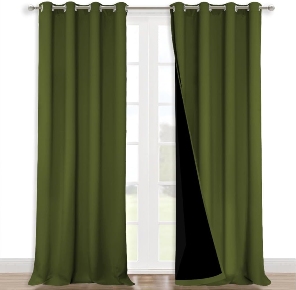 NICETOWN Full Shading Curtains for Windows, Olive Green, Pack of 2, 52 inches W x 95 inches L, Super Heavy-Duty Black Lined Blackout Curtains for Bedroom, Privacy Assured Window Treatment