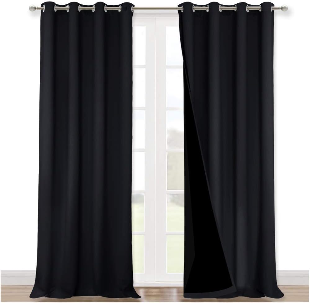 NICETOWN Extra Long Truly Blackout Drapes for Hall and Villa, 100% Blackout Window Curtain Panels with Black Lined for Night Shift Worker, 52-inch Width Each Panel, 108-inch Length, Black, 2 Pieces