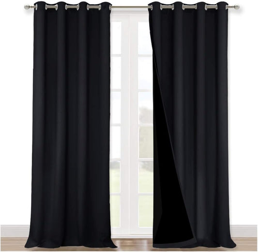 NICETOWN Cold Blocking 100% Blackout Curtains, Durable Black Lined Blackout Curtains for Bedroom, Energy Saving Long Curtains for Patio Sliding Glass Door, Black, 52 inches x 95 inches, 2 Panels