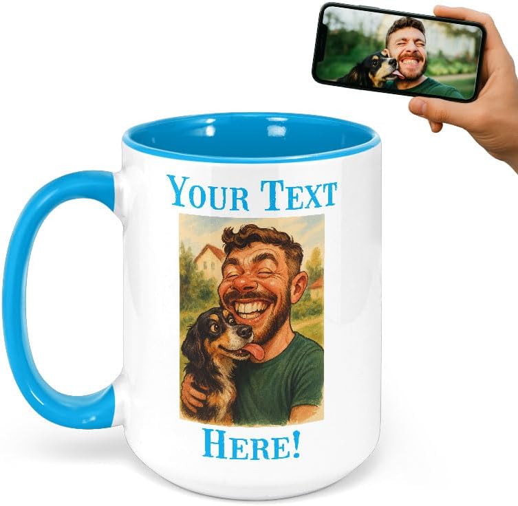 Personalized Coffee Mug, Custom Photo Caricature Gift, Funny Customized Coffee Gift for Men & Women, Custom Mugs with Pictures, Light Blue 15oz Customized Ceramic Tea Cup