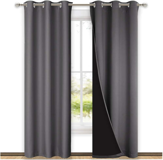 NICETOWN Room Warming Blackout Curtains 80 inches Long, Full Light Blocking Drapes with Black Liner for Nursery, Thermal Insulated Draperies for Hall, Villa (Grey, 2 Pieces, 42" Wide Each Panel)