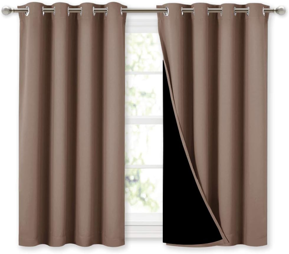 NICETOWN Room Warming Curtains, Bedroom Full Blackout Panels, Super Thick Insulated Window Covers, 100% Blackout Blinds with Black Liner for Small Window(Cappuccino, Set of 2 PCs, 52 by 45-inch)
