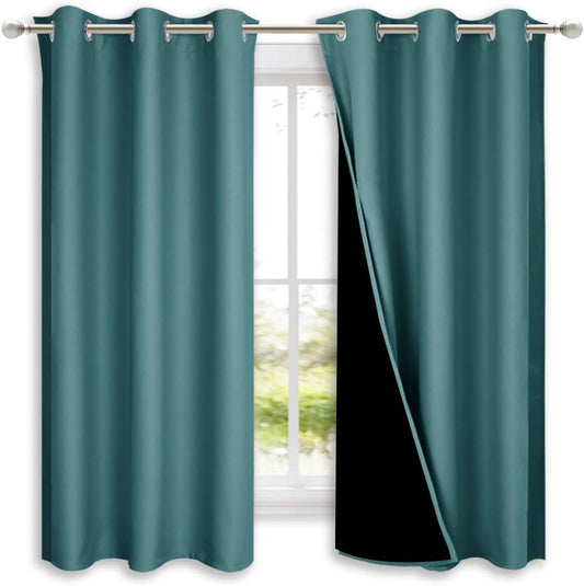 NICETOWN 100% Blackout Short Curtains with Black Liners, 2 Panels, 37" W by 60" L, Sea Teal, Solid Thermal Insulated Full Blackout 2-Layer Lined Drapes, Energy Efficiency Window Draperies for Bedroom